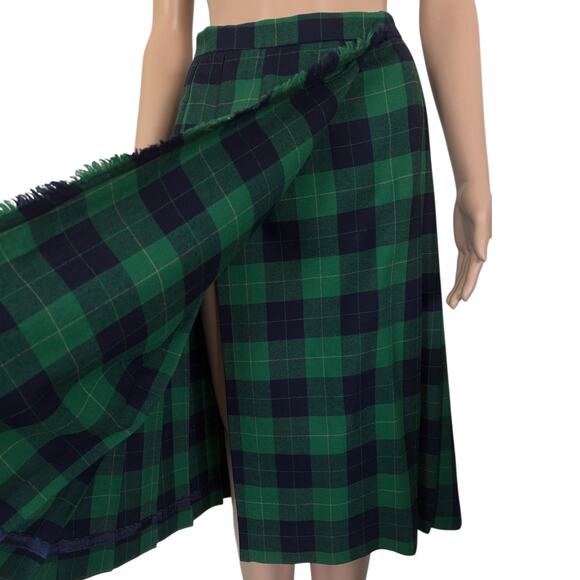 VTG Wool Tartan Kilt Skirt Plaid Wrap Midi Preppy Dark Academia Green Navy 10 - Picture 5 of 10